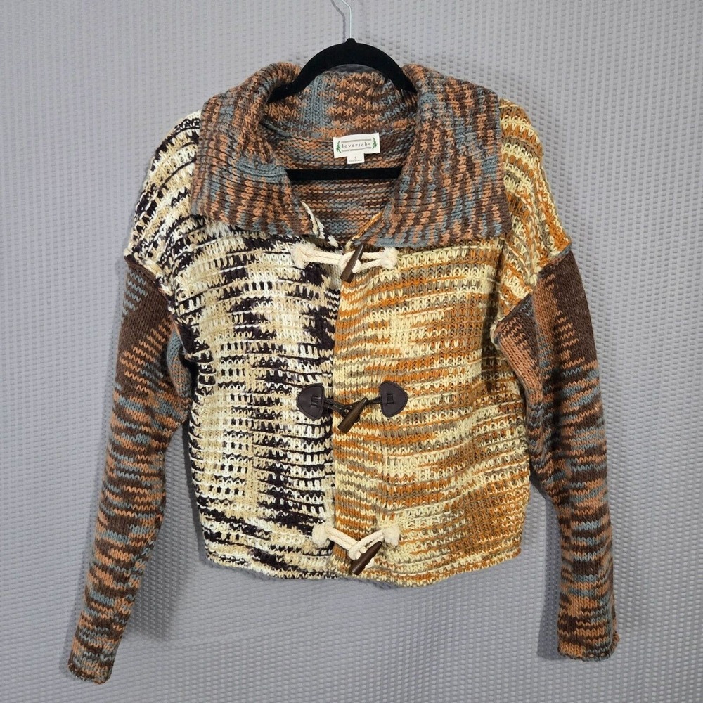 Loveriche Patchwork Toggle Cardigan S Boho Chunky Knit Sweater Multicolor Rustic